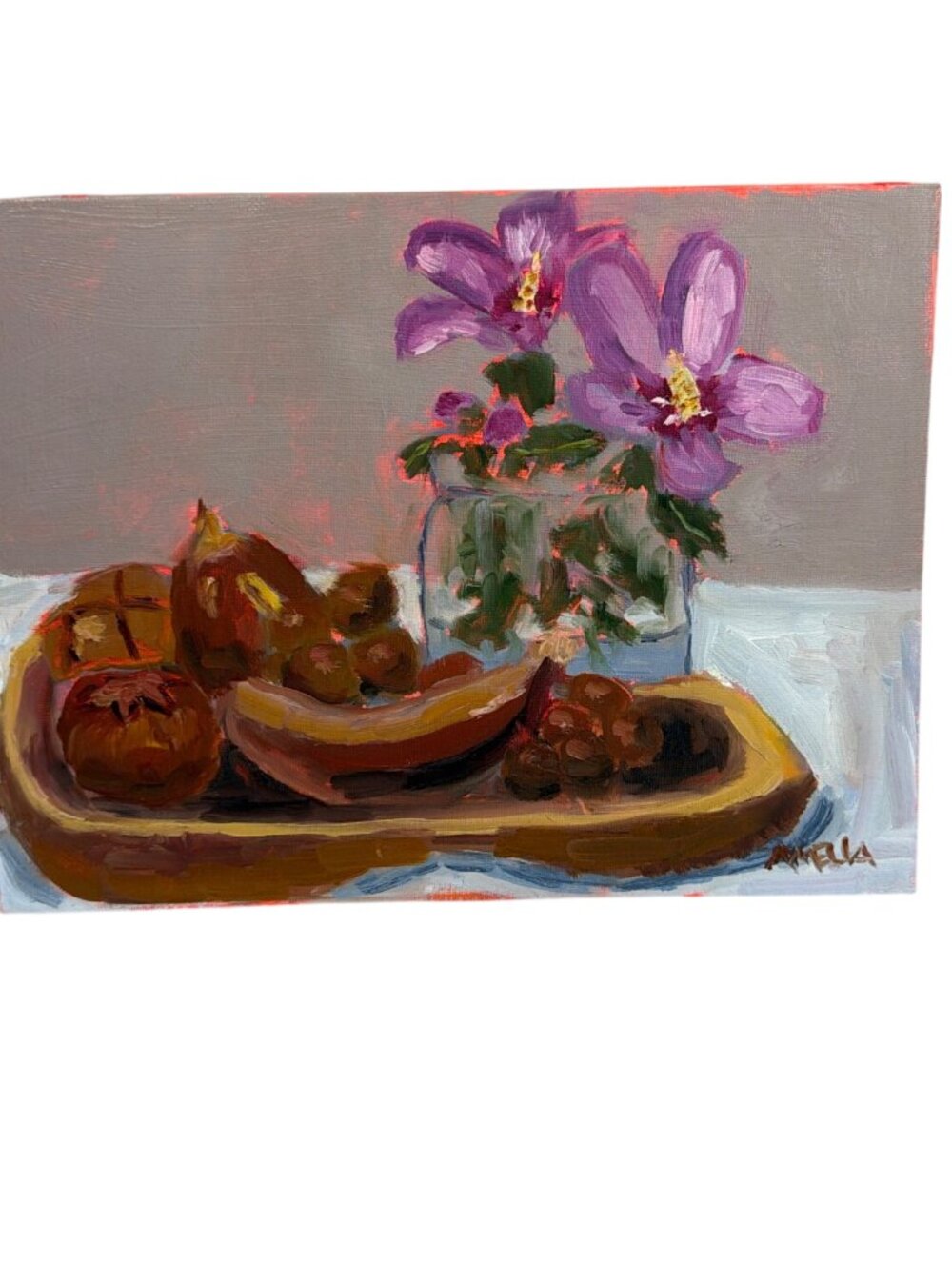 Oil Still Life Painting Floral Purple Flowers & Wood Fruits Canvas Expressionist
